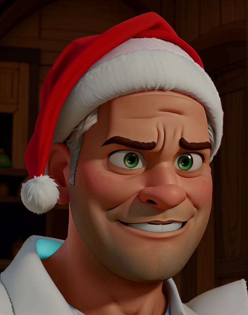 um homem grisalho com touca de papai noel estilo disney pixar, alta qualidade, melhor qualidade