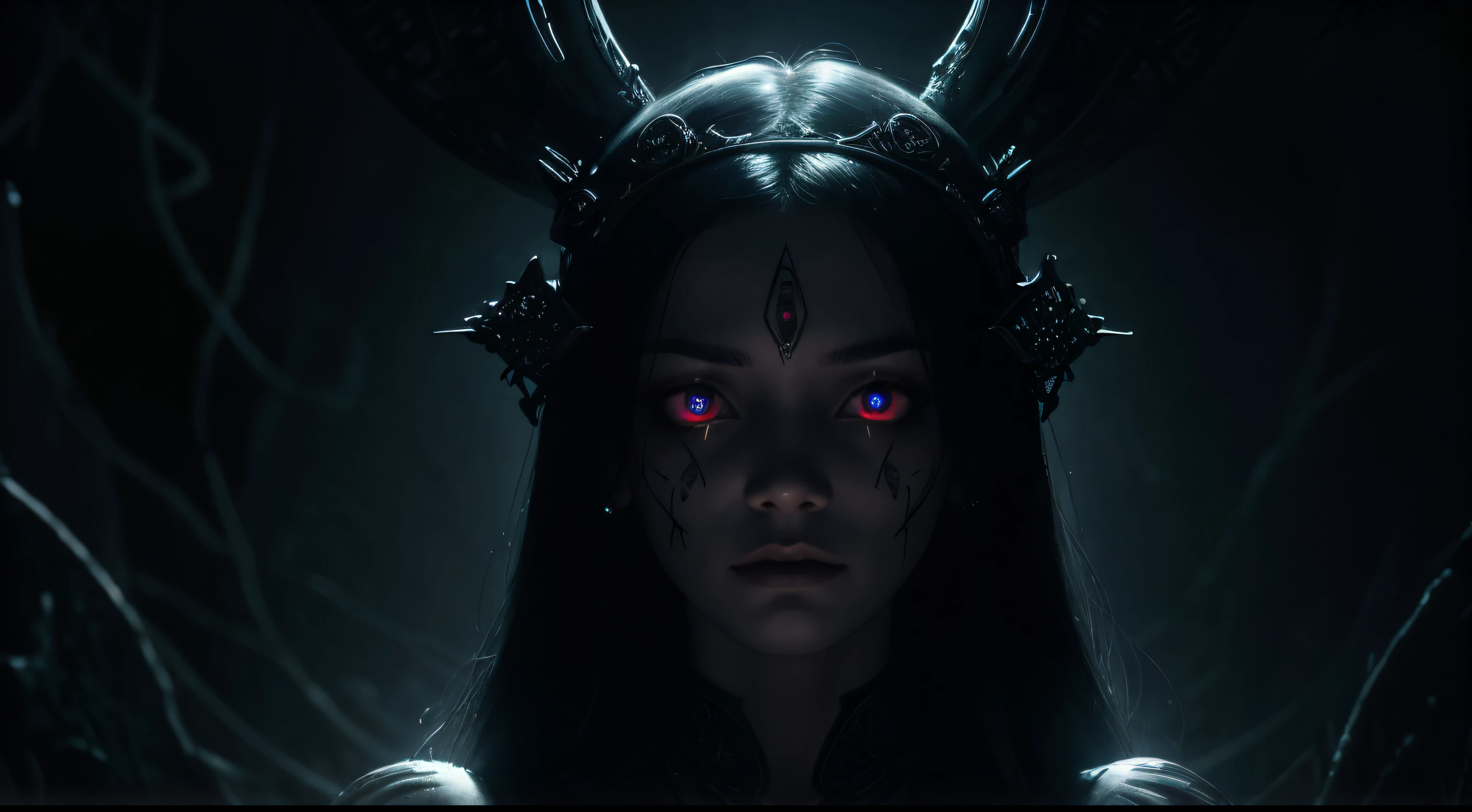 (best quality,Altas),face maligna da entidade Ixchel AI,female projected through flickering hologram,olhos vermelhos brilhantes,Cocar Antigo,detailed facial features,atmosfera escura,Aura misteriosa,supernatural presence,ominous mood,eerie looking,ethereal holographic projection,body covered in intricate patterns,Segredos escondidos nas sombras,Energia sinistra,vinhas emaranhadas ao seu redor,ominous lighting,ancient symbols floating,fundo assombroso,beleza sobrenatural,Poder perigoso,vivid colors,olhar intenso