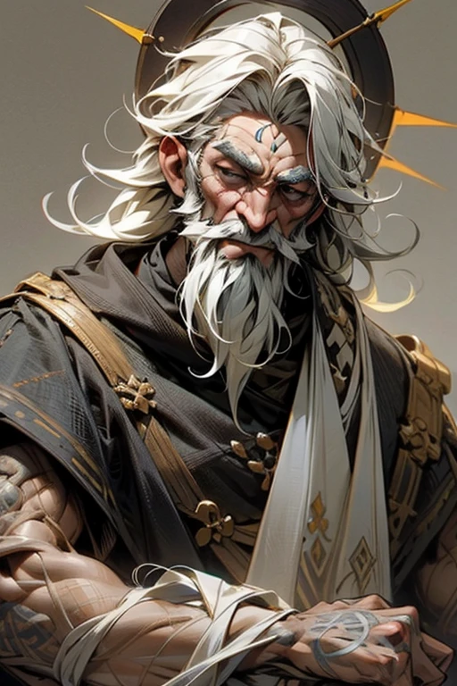 viking,olhos sem pupila ,relampagos em volta,cabelos longos brancos ,barba grande ,machado gigante ,tatuagens de runas no corpo