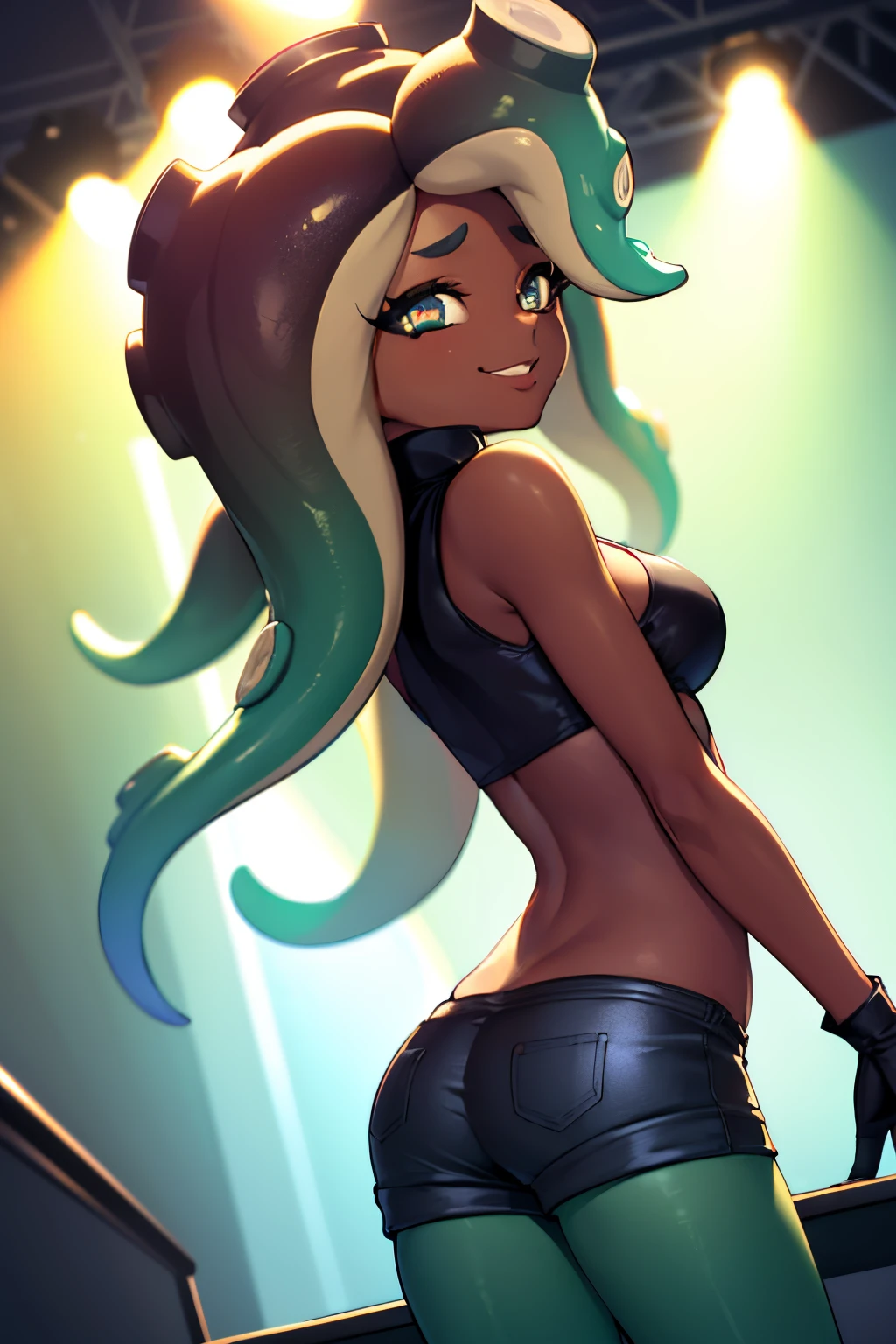 (masterpiece, best quality:1.2), cowboy shot, solo, 1girl, marina, dark skin, dark-skinned female, smile, looking at viewer, tentacle hair, black crop top, vest, shorts, green pantyhose, gloves, cleavage, on stage, using DJ table, (((backside view)))