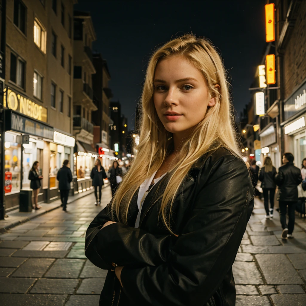 25 years old blonde model, on a street in a beautiful city at night