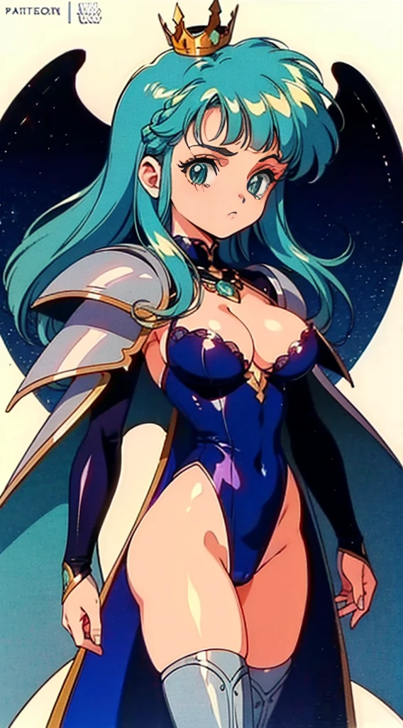 "(masterpiece:1.1), best quality,
1girl, (80s anime style:1.3), (eyelashes:1.5), (:1.2),
(intricate high detailed body:1.2),
(green hair:1.1), (blunt bangs:1.1), (long hair, french braid:1.1), (crown:1.2),
green eyes,
(large breasts:1.1),
(expressionless:1.2),
(high cut leotard armor, cleavage cutout:1.2),
(knight armor, armored boots:1.2), (frill:1.1), (jewelry:1.1), crystal necklace,
standing,
(upper body, cowboy shot, looking at viewer, from front:1.1),
(simple white background:1.2)"
