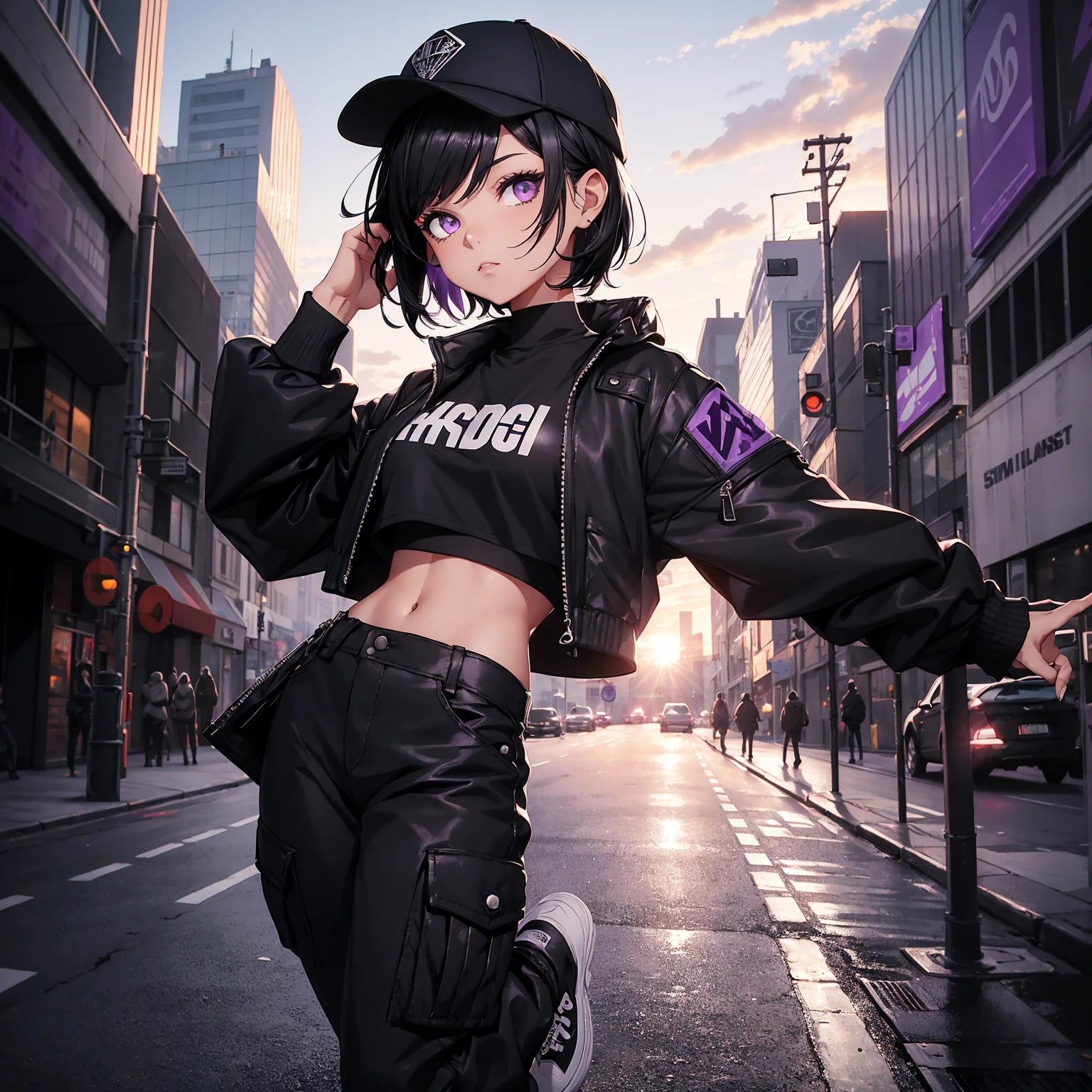 1 girl,short black hair,amethyst purple eyes,wearing black crop top,white jacket,black cargo pants,wearing a cap,city streets,sun set,punk theme,full body,dynamic pose,illustartion