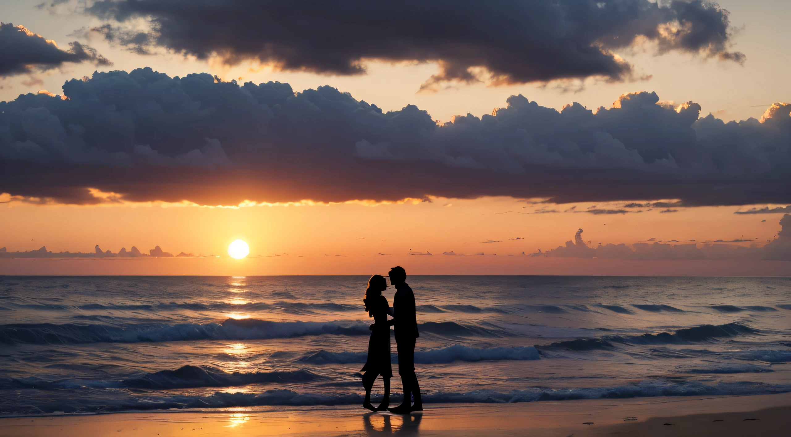 silhouette of a couple on the beach at sunset ai generated art