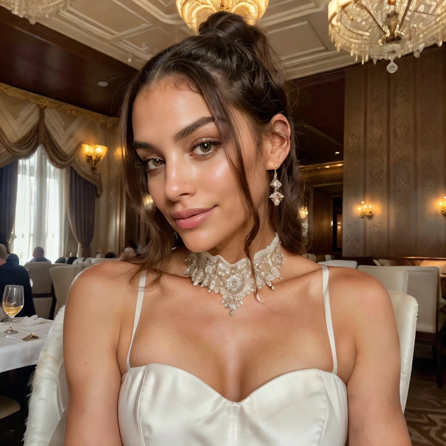Belle brune aux, ((capelli neri corti)), ((capelli mossi)), (capelli neri), (((8k))),((Extremely meticulous CG)),(wallpaper),16k,((Extremely refined and beautiful)),(((Masterpiece))),(((best qualtiy))),(((Ultra High Resolution))),beautiful light up,Perfect lightning,realistic shaded,[A high resolution],(Smooth and flawless fair skin:1.5),Extremely exquisite facial details,(perfect body:1.1),ultra - detailed,A beautiful girl,((very short ponytail)),Exquisite makeup,clear face,(pale skin:1.3),happy Smile,(white fur dress:1.3),Thick arms, thick thighs,(Sitting on the chair behind the dining table:1.3),(in an Extremely luxurious restaurant:1.5),(The food on the table piled up like a mountain:1.4),bright indoor lighting,(Detailed interior of the Extremely luxurious restaurant:1.3),resplendent and magnificent,Extremely spacious restaurant,(detailed background:1.5),crystal chandelier,cupola,(from front:1.3),(upper body:1.3) INFO