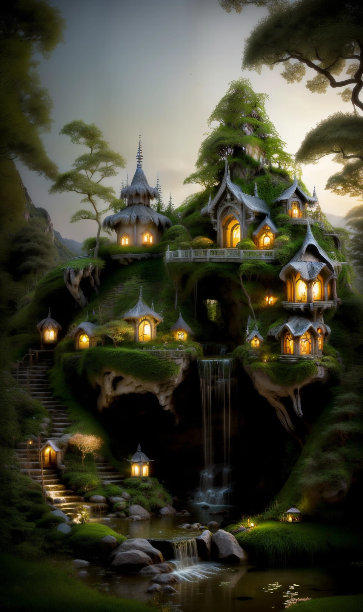 Fairy Tale Town Fantasy House, ，A small waterfall flows down the lush green hillside next to the cabin, Fantasy setting, Immortal Palace, fairytale place, paradise paradise, very magical and dreamy, Rivendell Epic Fantasy, Beautiful place, Immortal Palace, lush fairy forest, Magical environment, black thatched house, charming scene of a, magical village, Charming and otherworldly，Fairy Cottage,Floating lanterns,