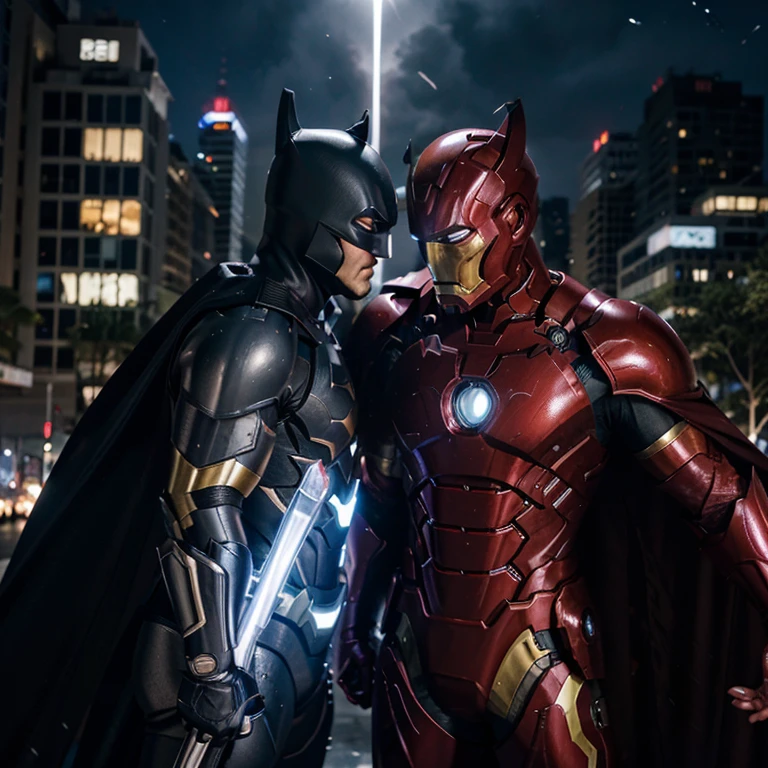 Draw a picture where a man who looks like a magical iron armor is having a really cool battle with another man who dresses like a giant bat. O homem de ferro tem luzes brilhantes em sua armadura, and the batman has a flowing cape. They are in the middle of a big city, and the sky is full of colorful lights. Explain what you think is happening in this exciting battle between Iron Man and Batman