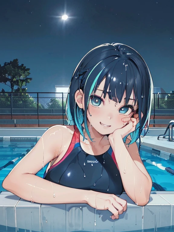 ((masterpiece、top-quality:1.5、a high chroma:1.5、ultra-detailliert、high-resolution illustrations:1.5、Ultra-high-definition CG、8k size wallpaper、offcial art))、((front view:1.8)),(1woman,),(cute face:1.5,cute eyes:1.5)、((face:1.5)),((close to viewer:1.8,face only:1.5)),
(grin:1.3)、(sexy body),((sit,reclining:1.8)),,(competition swimsuit:1.5),(wet head, face, and body:1.8),(multicolored hair:1.5), (large breasts:1.5),(curvy:1.3)、(Portrait:1.8)
,(Shining aqua eyes:1.2),((sit by the pool at night:1.5)),((pool at night.:1.5)),((Point two fingers at the viewer:1.5)),(cowboy shot)、
