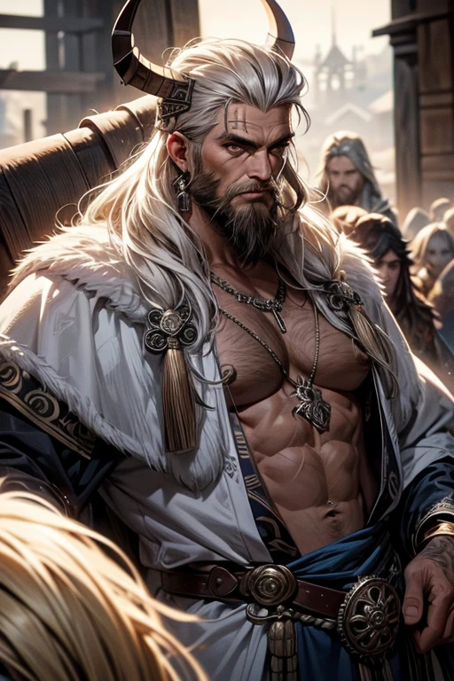 viking,olhos sem pupila ,relampagos em volta,cabelos longos brancos ,barba grande ,machado gigante ,tatuagens de runas no corpo