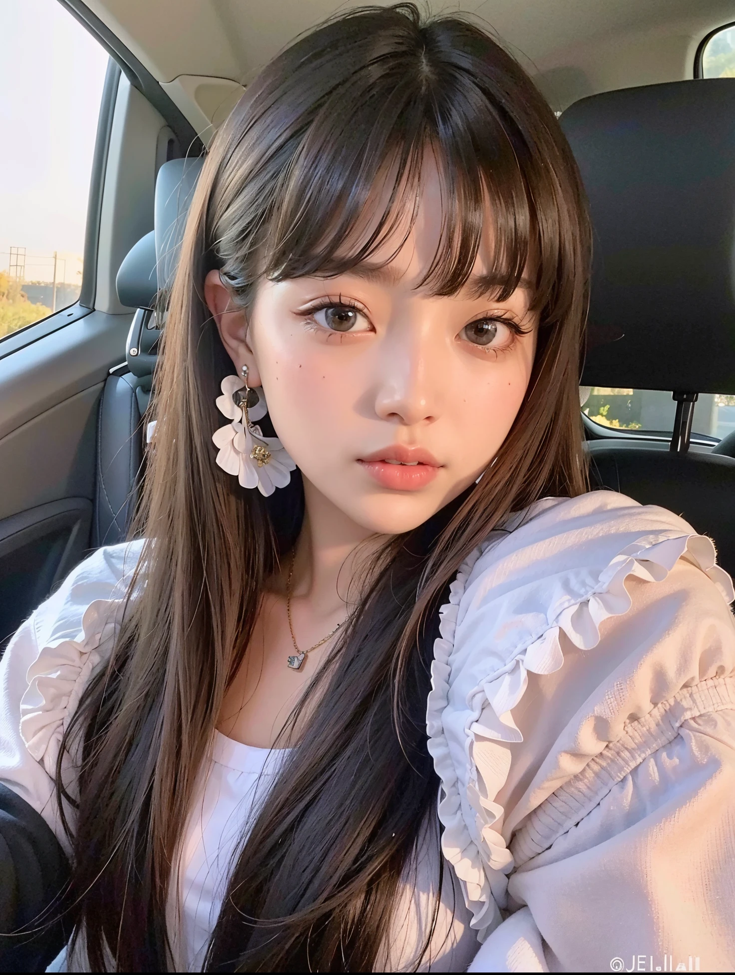 a closeup of a woman sitting in a car with long hair, ulzzang, Lalisa Manobal, con flequillo, con flequillo completo, flequillo esponjoso, Jinyoung Shin, Ella tiene el pelo negro con flequillo, Cabello limpio con flequillo, Peinado blanco de corte hime, Pelo largo con flequillo, Jaeyeon Nam, Cabello largo con flequillo completo
