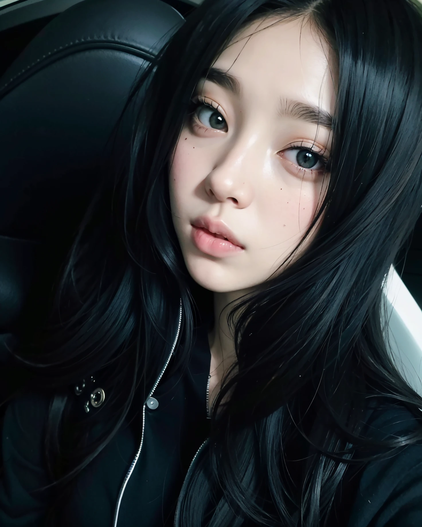 Un primer plano de una mujer con el pelo largo y negro sentada en un coche, ulzzang, cruel korean goth girl, Wan adorable cara coreana, Chica coreana, Joven y adorable rostro coreano, Cabello negro Hime cortado, Sui Ishida con cabello negro, cabello negro y ojos grandes, Chica de anime en la vida real, Linda cara de anime natural, con cabello largo y ojos penetrantes