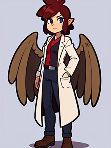 Doctor Feathers (full body, young female, harpy, lab coat) with solid background