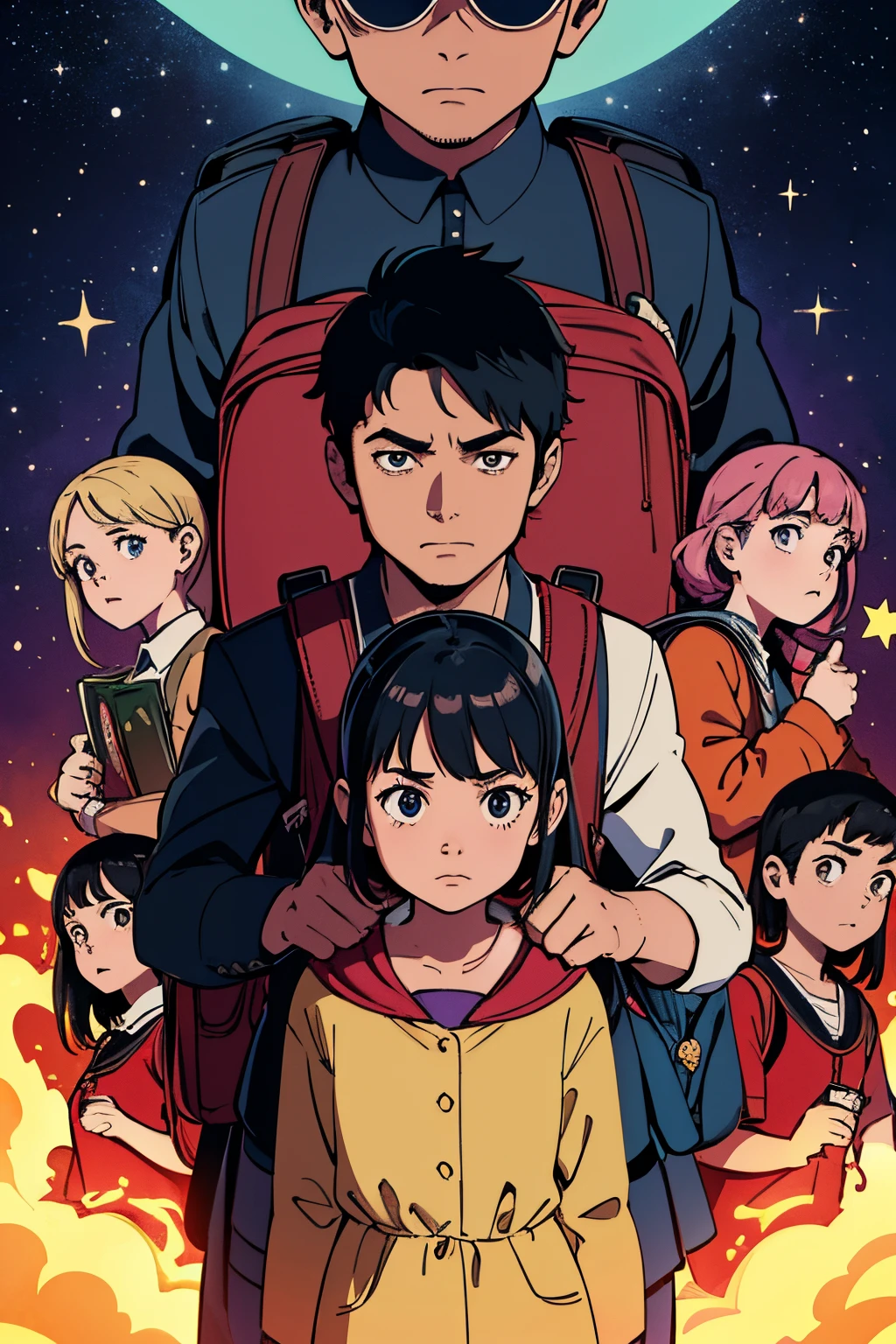 Assustador e mistico, master part, movie poster, melhor qualidade, drawing of 3 8 year old children with school clothes and backpack, dramatic pose, Elementos de terror, monstros e magia, estrelas, cores brilhantes, abstrair, Fantastic elements