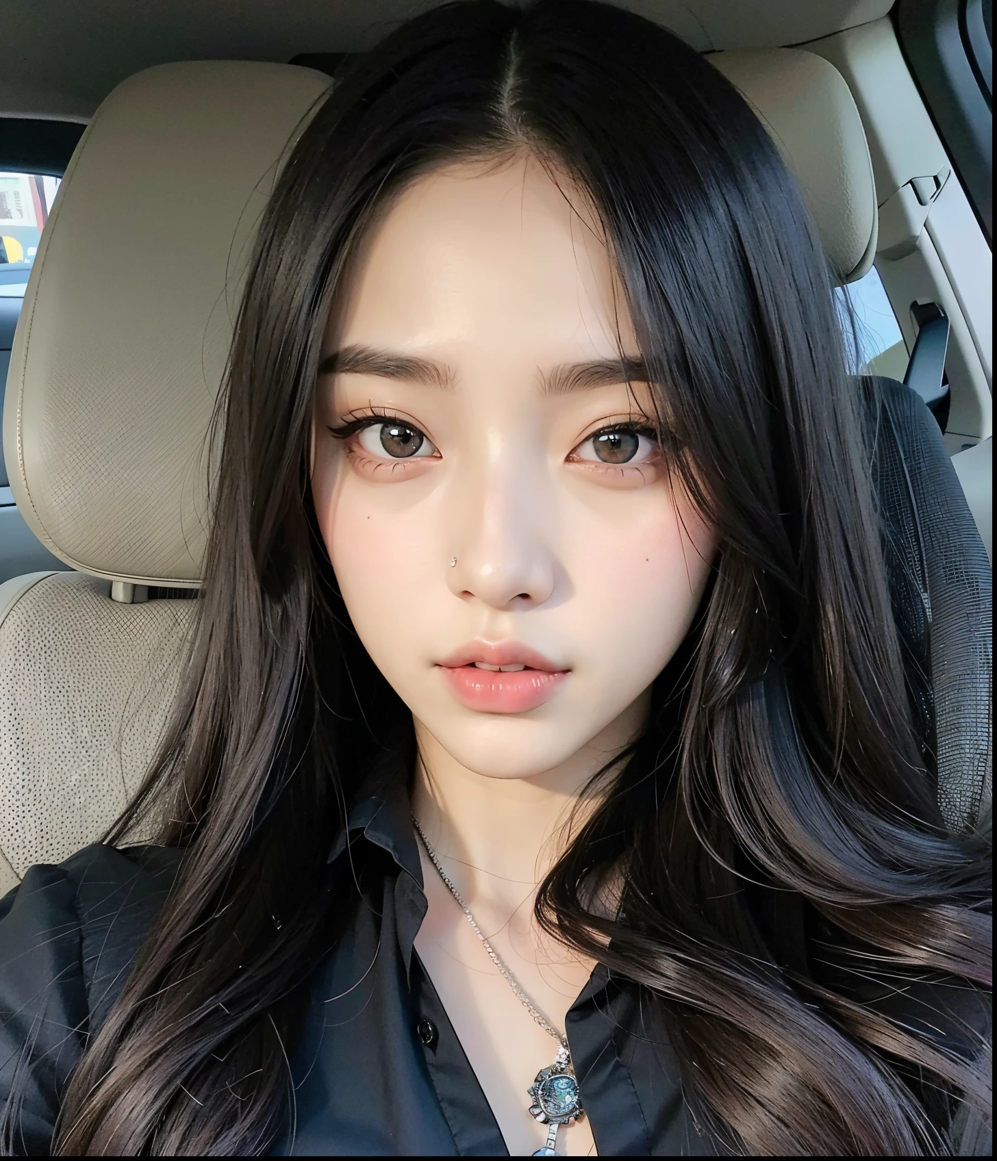 Un primer plano de una mujer con el pelo largo y negro en un coche, cruel korean goth girl, Hermosa mujer surcoreana, Chica coreana, Hermosa joven coreana, ulzzang, Hermosa joven coreana, Mujer coreana, Xision Wu, Asian face, 18 years old, beautiful asian girl, an asian woman, dilraba dilmurat, Cara perfecta )