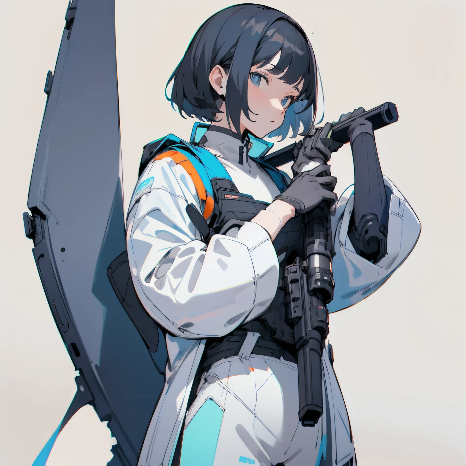 (masutepiece:1.2, Best Quality), [1 girl in, expressioness, Turquoise eyes, jet-black hair,half short cut hair, White Jacket, jacket comes off, black inner,model posing, Upper body] (Gray white background:1.7),hold rifle,