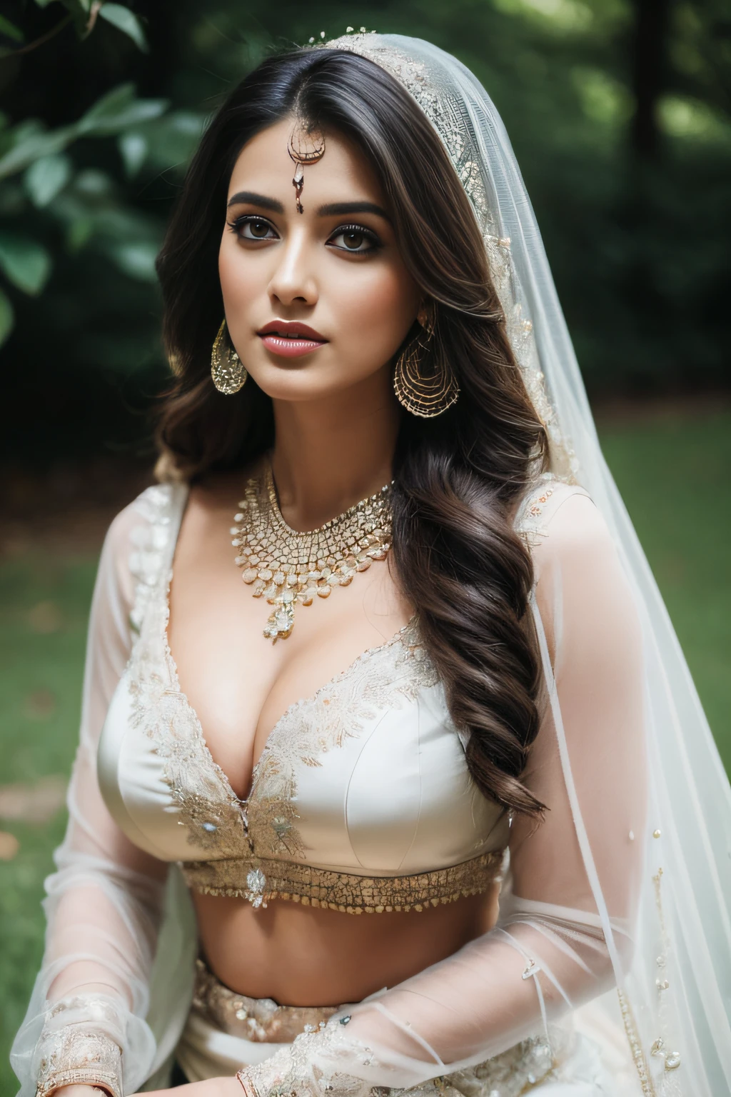 Portrait of A confident-looking indian princess from kamasutra with long flowing hair, hazel eyes, without flowing capes, Cleopatra fabric with laces, c-cup breasts, sitting in grass, water background, bokeh, perfect composition, hyperrealistic, super detailed, 8k, high quality, trending art, trending on artstation, sharp focus, nude studio photo, intricate details, highly detailed, art by greg rutkowski
