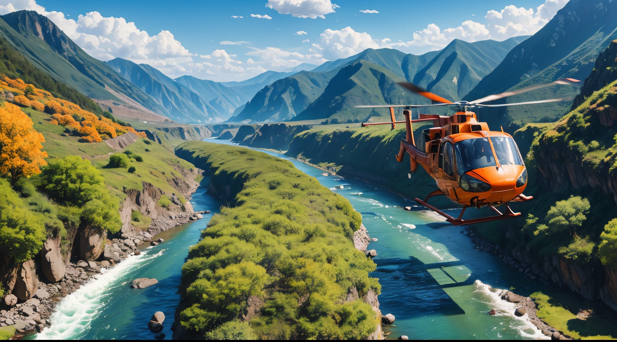 an orange helicopter flying over a beautiful valley, river, sunny day, 8K, photorealism, very detailed,