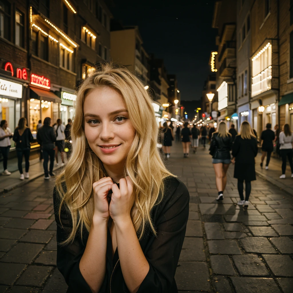 25 years old blonde model, on a street in a beautiful city at night, having fun with friends, no hands visible