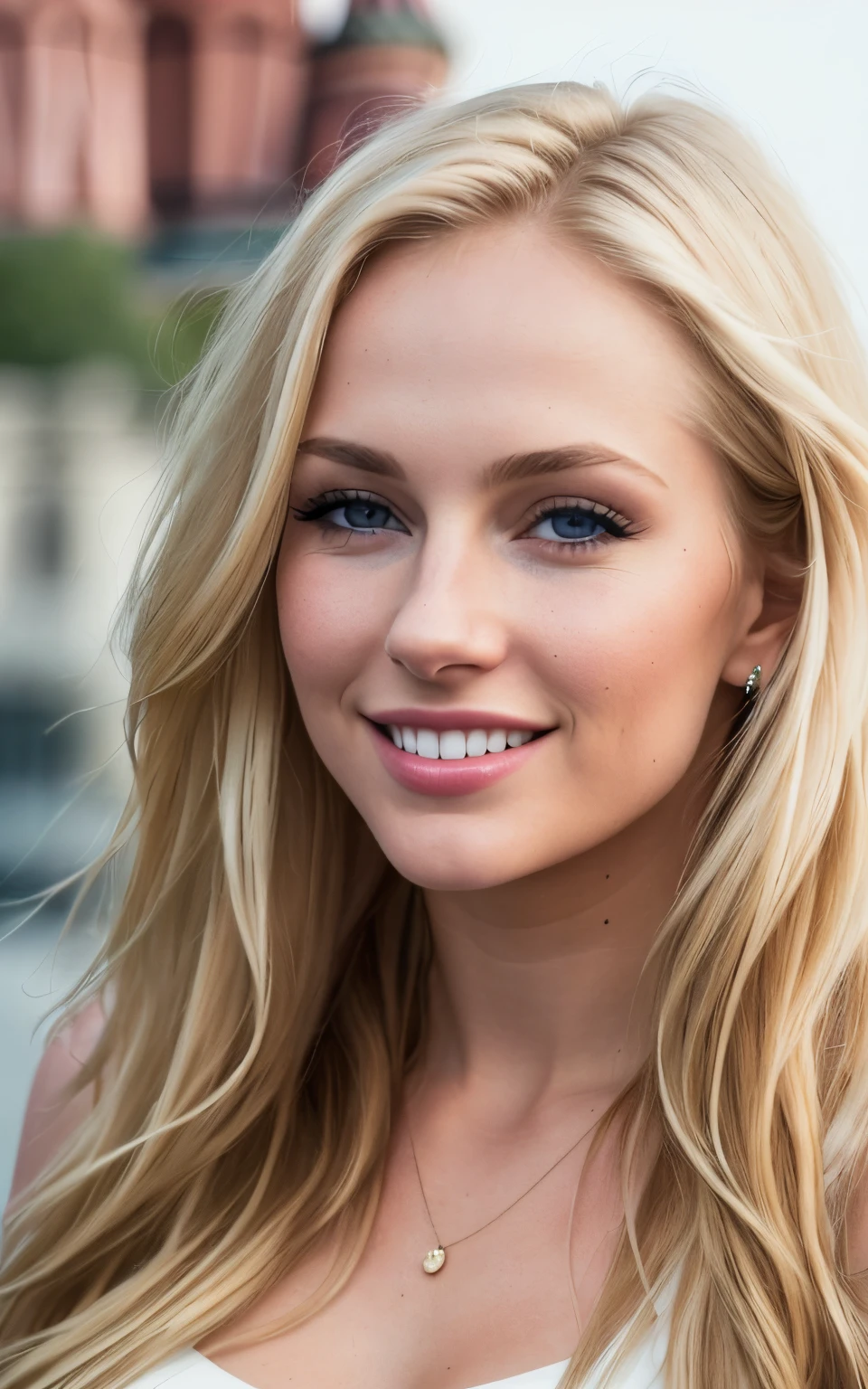 A 23-year-old woman with long blonde hair and blue eyes  taking a picture, Beautiful blonde woman, Beautiful blonde girl, blond woman in a, Beautie, a photography of a beautiful woman, Smooth Portrait Shots 8K, portrait of a beautiful model, full body Esbian, Beautiful smile with open mouth in model pose.fashionshow、moscow、Featured on Red Square