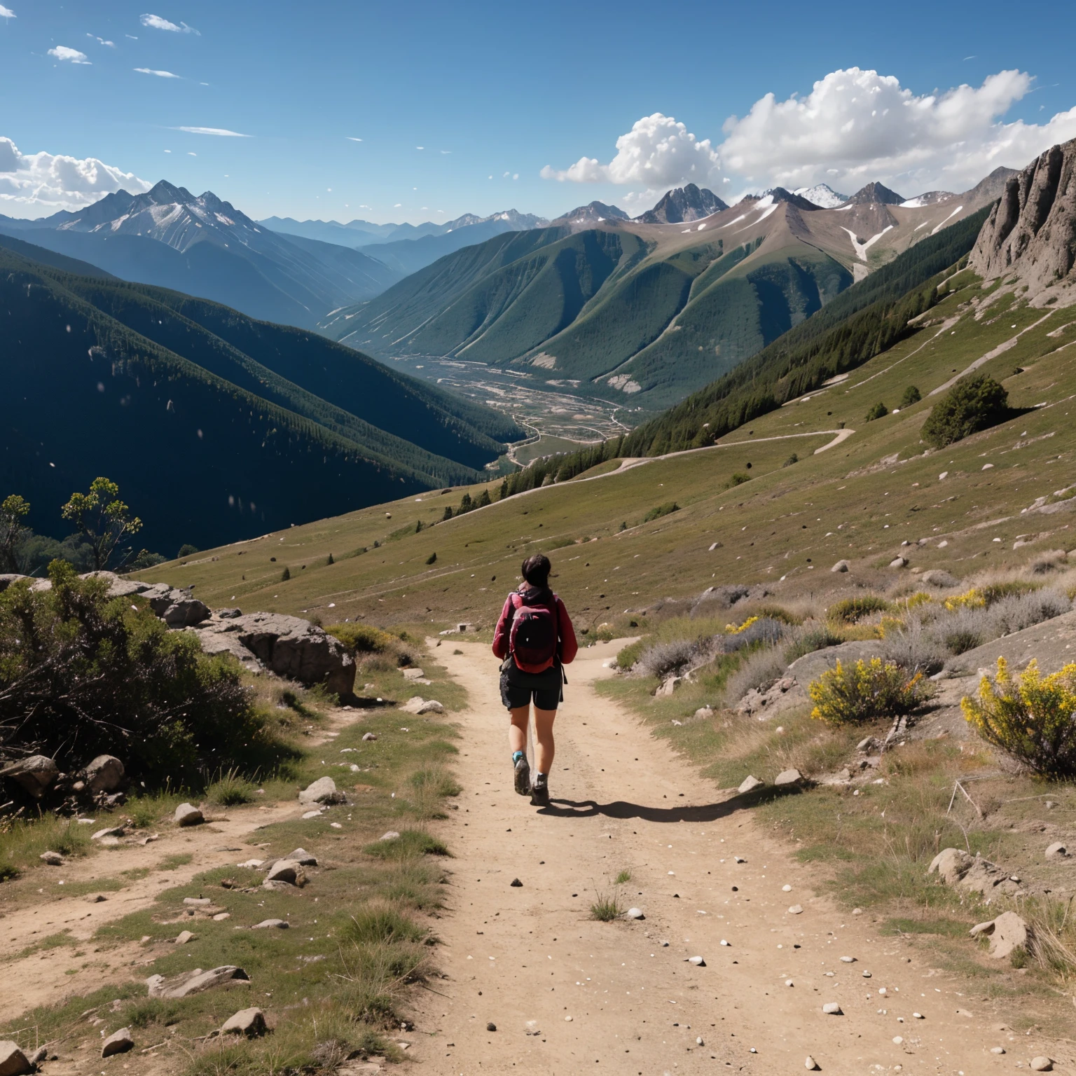 An image of a person walking on a trail in the mountains., simbolizando la vida&The journey and challenges in a cartoon