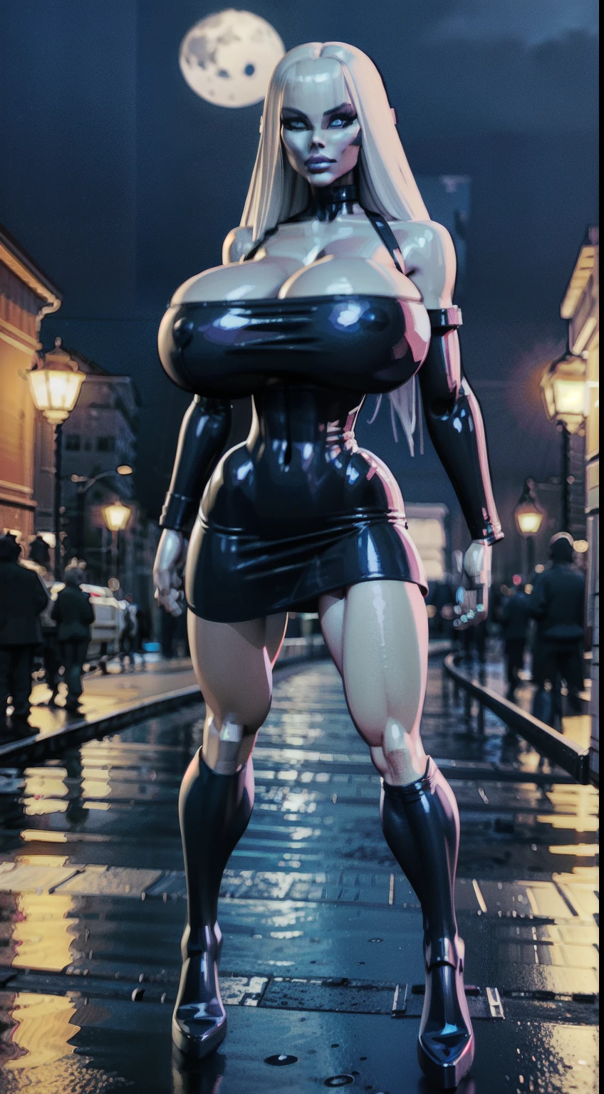((3D render:1.3))((Cowboy shot:1.4)) 1 Same Girl , Perfect Beautiful , robot Face ,(chrome skin:1.1), (titanium arms, titanium face, titanium legs) ((android woman)),( metallic android , long Hair , Black Gothic Dress , Athletic Body , ((gigantic breasts:1.2)) ((titanium legs:1.2)), Extreme Detailed Portrait With Bokeh Effect , Realistic Lighting , Night Street View , Dark Vibe , Crowd , Gothic Makeup , Posing Like a Model , Look at Viewer, blue lighting, blue street lamp light((moonlight ambiance light:1.0))