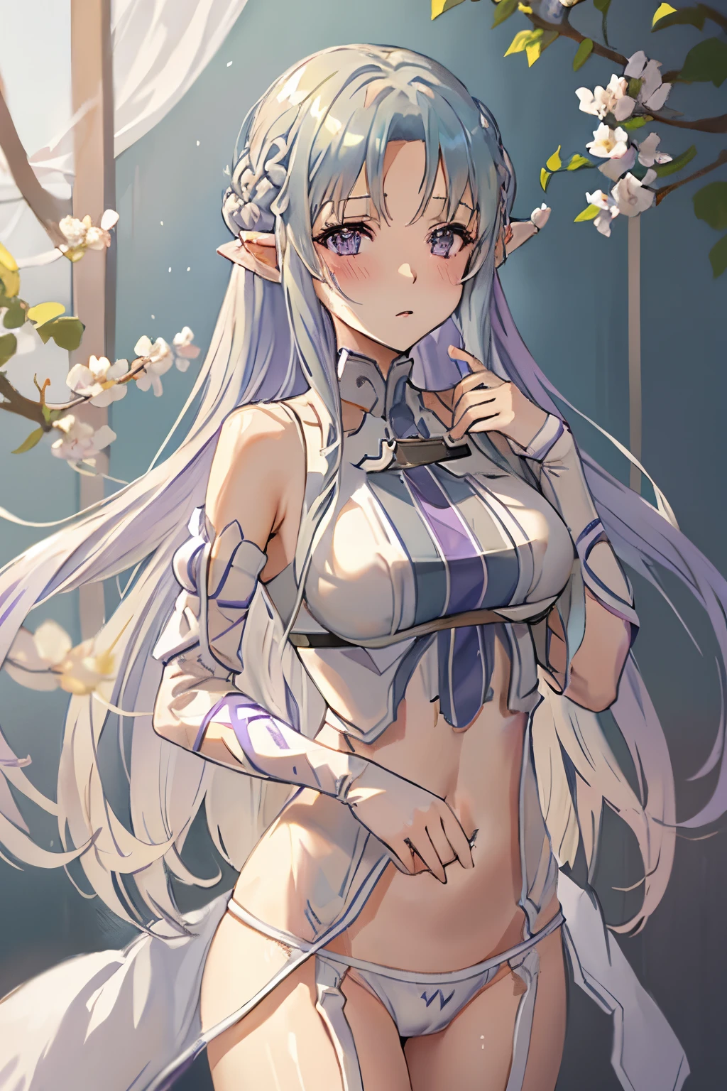 Asuna,wet, blonde hair, white crown braid, purple ribbons in hair, white flower in hair, white lingerie, x hair ornament, purple eyes, long hair, medium breasts, fox ears, fox girl, 1girl, solo, 

(masterpiece:1.1), (best quality:1.1), (ultra-detailed:1.1), (illustration:1.1), medium breasts, lingerie, bra, panties, camel toe, lacy white lingerie, cleavage cutout, midriff, looking at viewer, cowboy shot, blushing