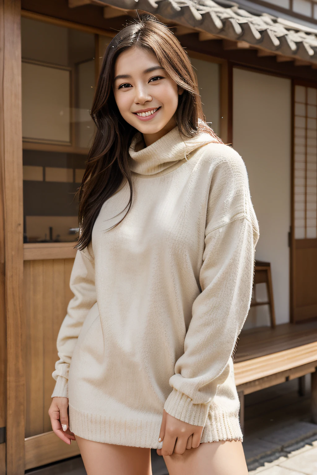hermosa modelo japonesa, realista, joven y delgada, tono de piel natural, sonriendo, con ropa de invierno
