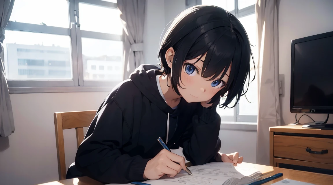 Anime boy listening song In his room while studying.