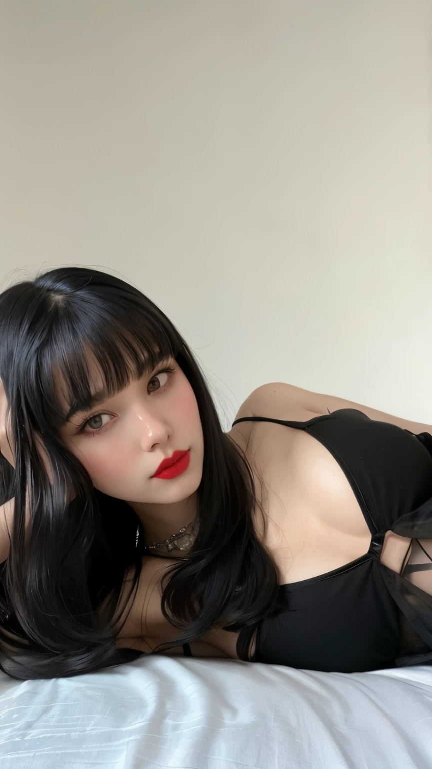 there  a woman laying on a bed with a red lipstick, she has black hair with bangs, black hair and white bangs, long black hair with bangs, black bangs, sultry smirk, 18 years old, with bangs, anna nikonova aka newmilky, anastasia ovchinnikova, with full bangs, straight bangs, 2 