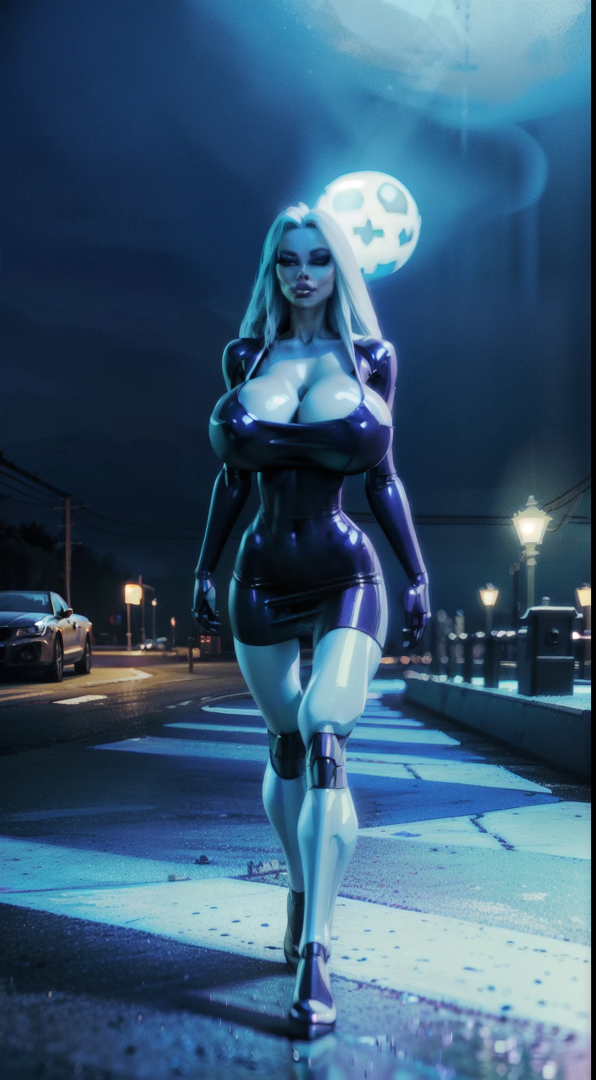 ((3D render:1.3))((Cowboy shot:1.4)) 1 Same Girl , Perfect Beautiful , robot Face ,(chrome skin:1.1), (titanium arms, titanium face, titanium legs) ((android woman)),( metallic android , long Hair , Black Gothic Dress , Athletic Body , ((gigantic breasts:1.2)) ((titanium legs:1.2)), Extreme Detailed Portrait With Bokeh Effect , Realistic Lighting , Night Street View , Dark Vibe , Crowd , Gothic Makeup , Posing Like a Model , Look at Viewer, blue lighting, blue street lamp light((moonlight ambiance light:1.0))