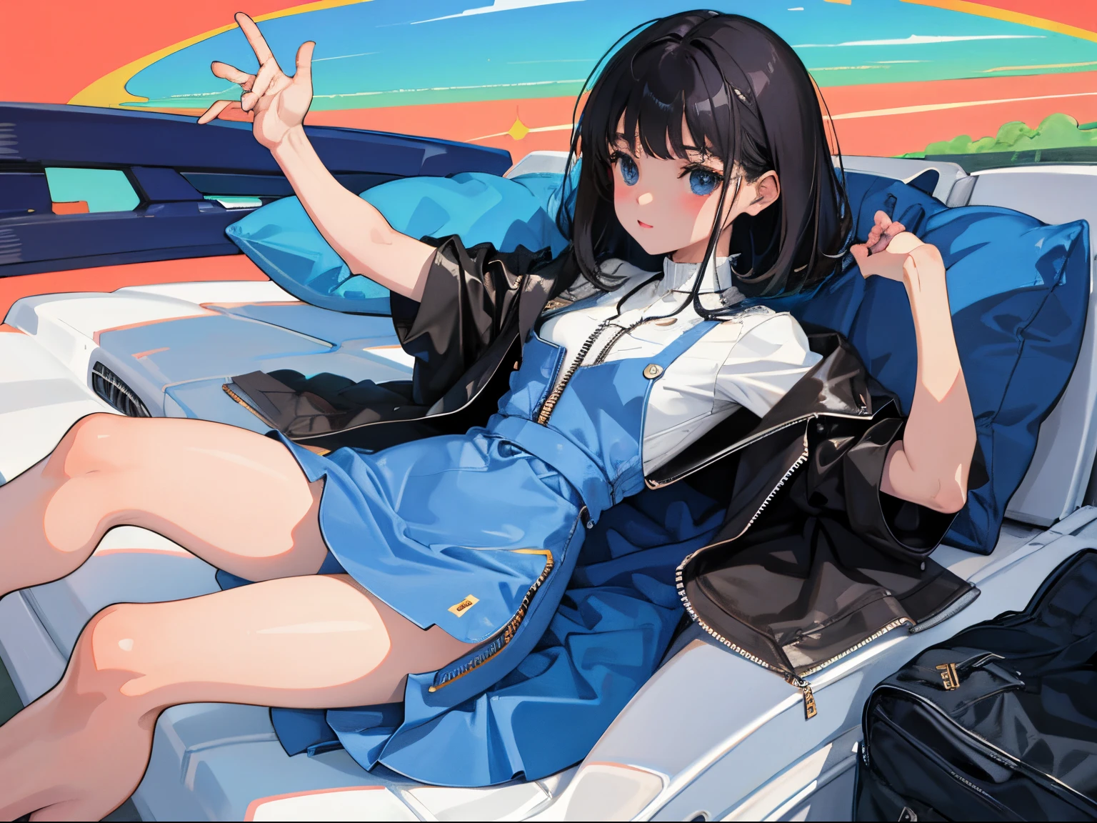 (child)，（​masterpiece，Highest Quality），（denim zip up dress:1.4），pencil skirts，shortsleeves，A dark-haired，Twin-tailed，outside of house