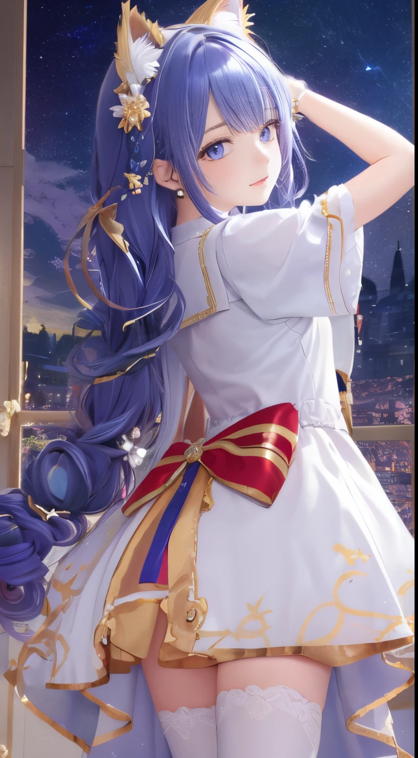 masterpiece, best quality, extremely detailed CG unity 8k wallpaper,kirigami,vibrant nebula sky,（upper body）,1girl,blue eyes, gold hair,gradient hair,hair between eyes,ahoge,cat ears, drill hair,Age:,looking back,sailor dress,white thighhighs,mary janes,Star headdress