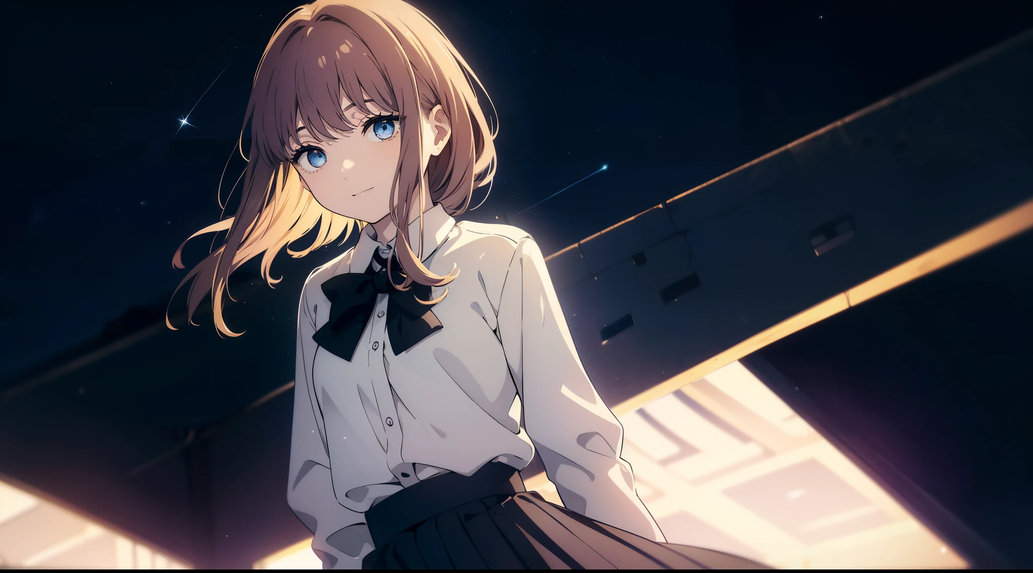 (Obra maestra, La mejor calidad, ultrahigh resolution), 1girl, standing, school uniform, white office shirt, black pleated skirt, (light brown hair:0.7), long hair cut, pale skin, ((blue eyes)), glowing_eyes, neon eyes, (ultra detailed eyes, beautiful and detailed face, detailed eyes), ((centered)), smile, ((wide shot)), facing viewer, eye level, (blurry background, night sky background), ????????????, looking at viewer, half closed eyes, ((perfect hands)), (((head, arms, ????, elbows, in view))), ((hands behind back)), empty eyes, beautiful lighting, outside, outdoors, shooting star:0.7, simple background, defined subject, massive moon, 25 years old