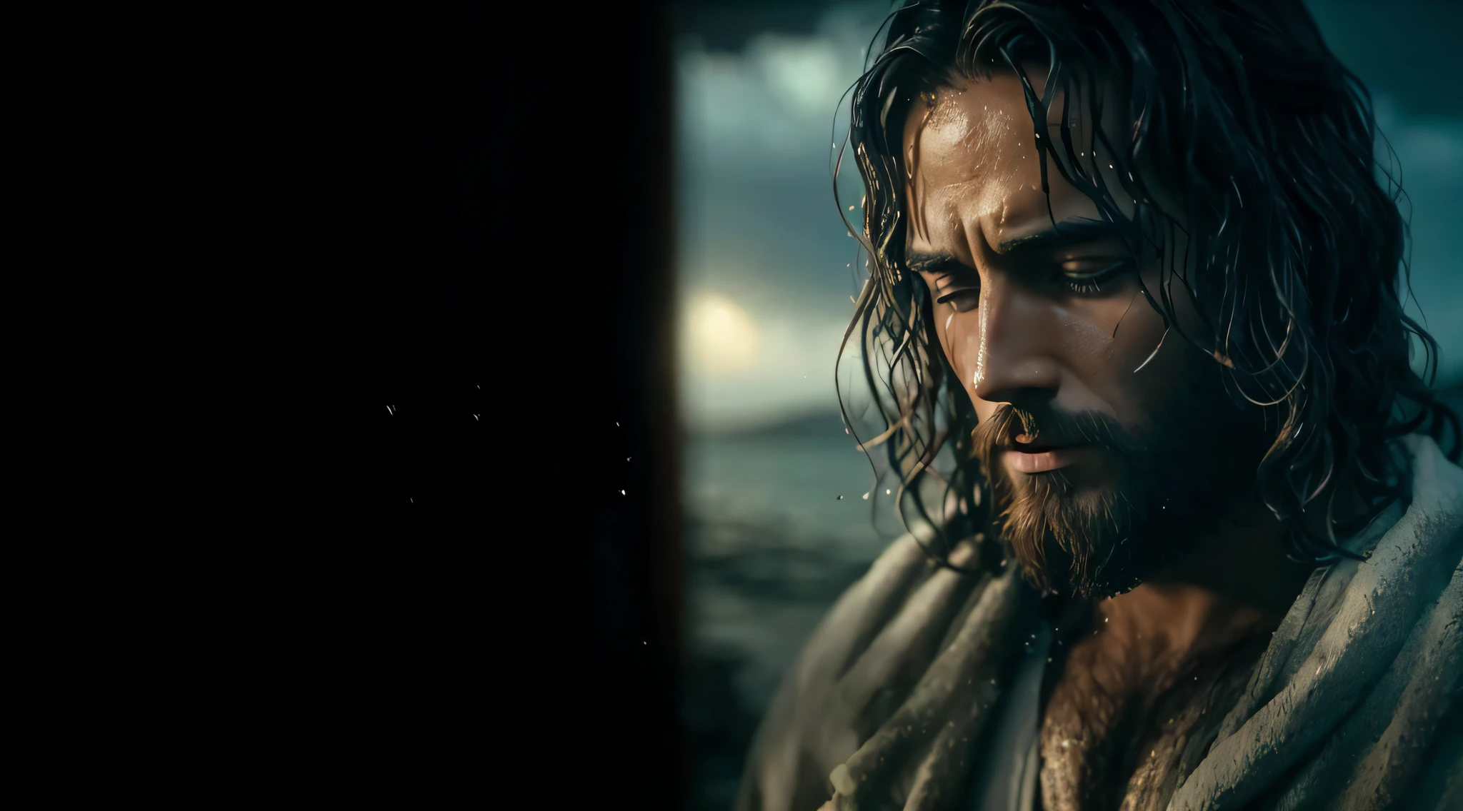 jesus cristo de olhos fechados, your hair  wet, suor escorrendo na testa, imagem ultra realista, 8k, cinematografica