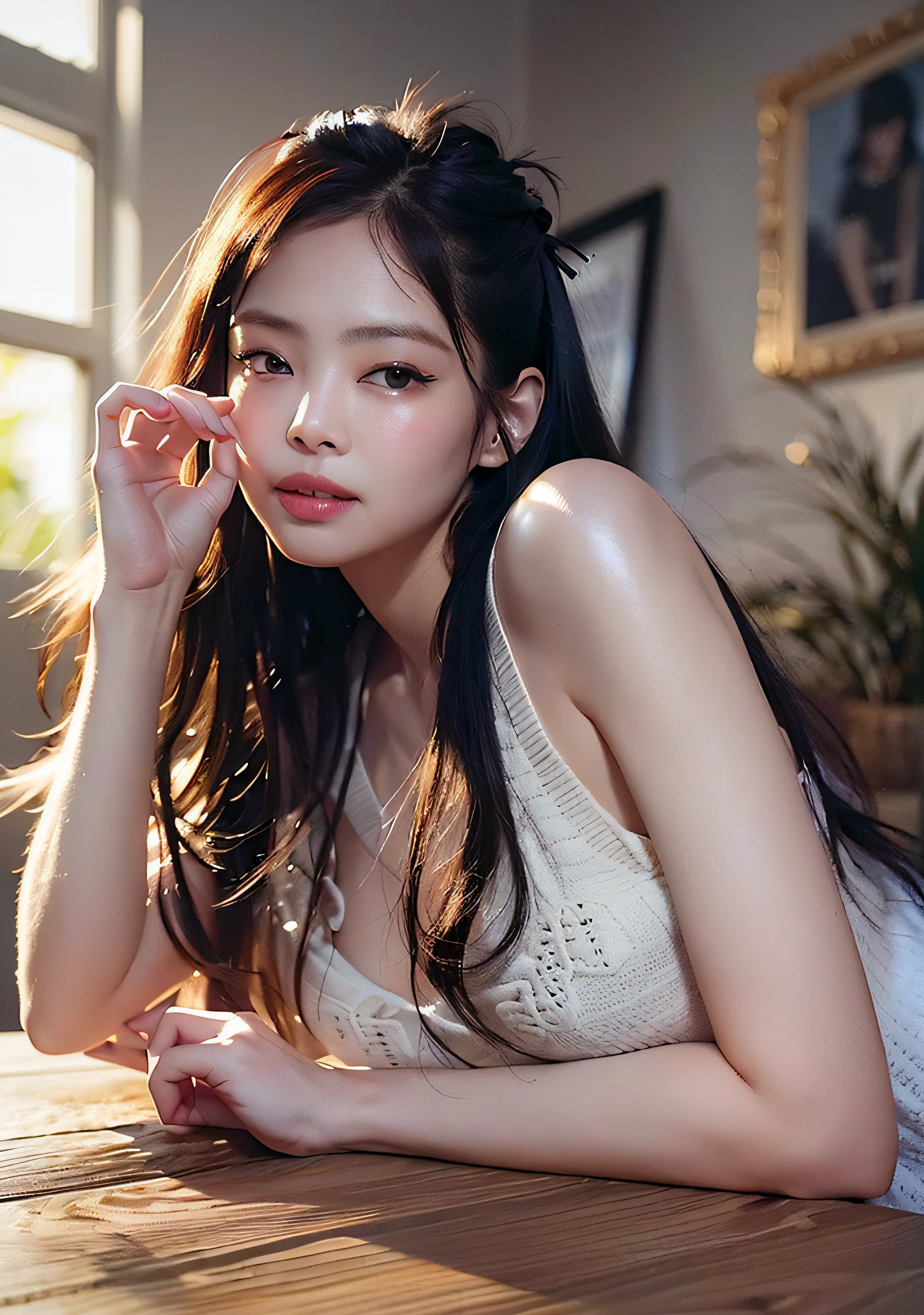 (best quality,masterpiece,ultra high res,photorealistic:1.4),raw photo,1girl,asian girl,off shoulder,small breasts,cleavage,sexy belly,beautiful detailed eyes,beautiful detailed lips,longeyelashes,vivid colors,soft lighting,floral background,peaceful atmosphere,delicate skin,subtle makeup,brown hair flowing,title: "Ethereal Beauty: A Serene Portrait of an Asian Girl"