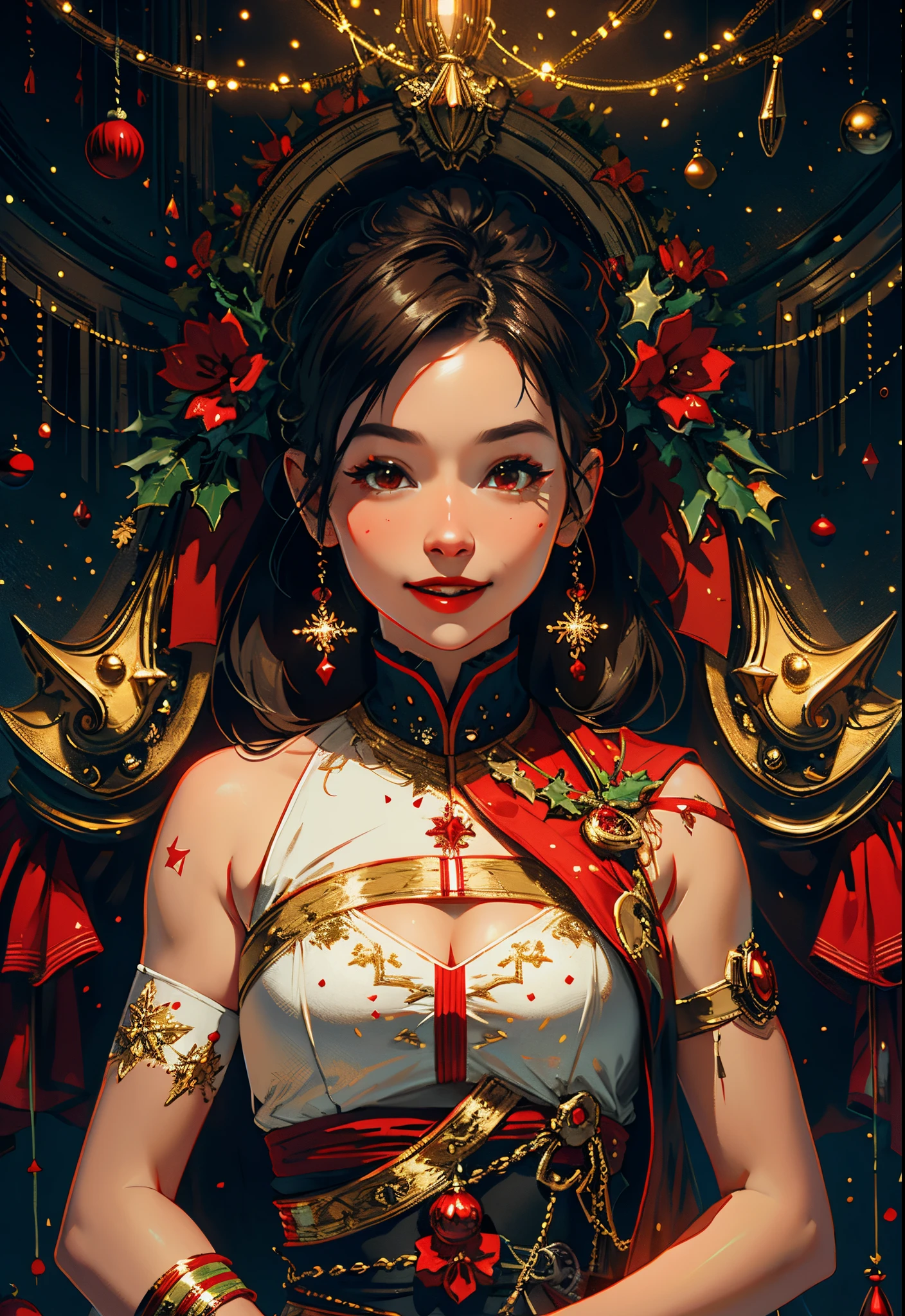 Nice smile, Christmas red, symmetry, trending artstation, 8k resolution, volumetric lighting, realistic, unreal engine