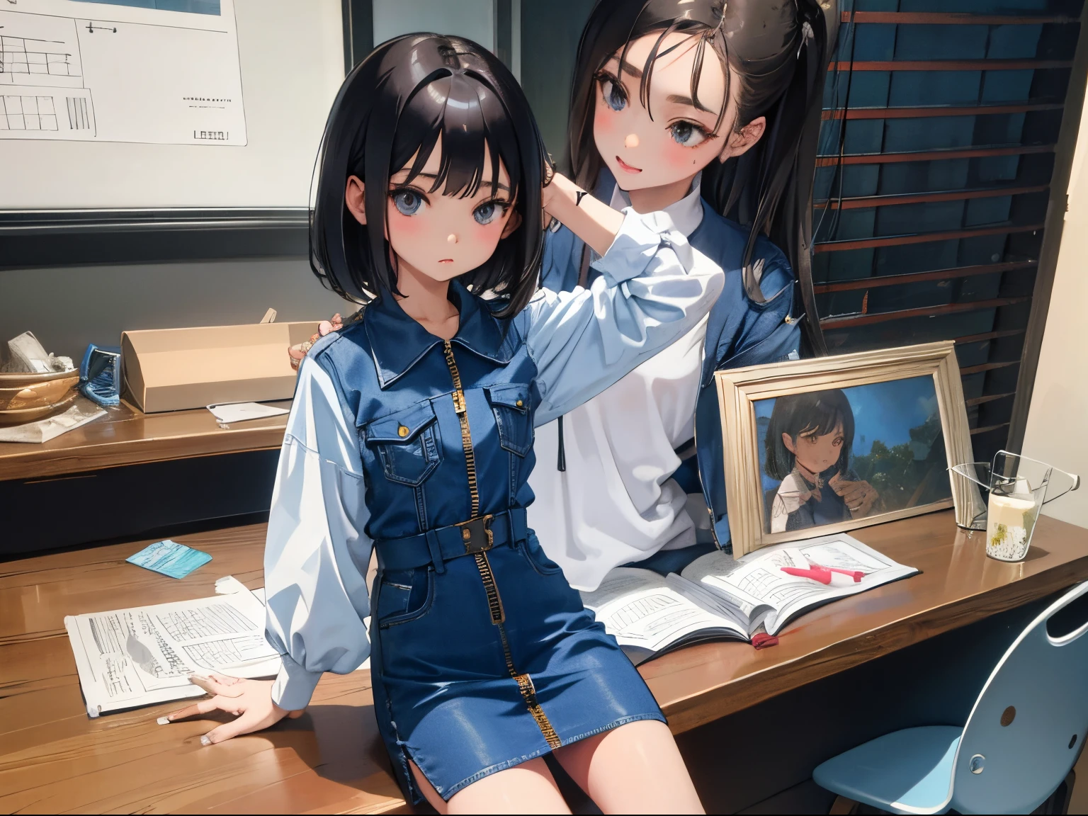 (child),(masterpiece,Highest Quality),(denim zip up dress:1.4),pencil skirts,shortsleeves,A dark-haired