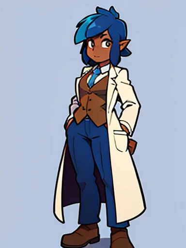 full body, Doctor Feathers (young female, light brown skin, blue hair, harpy, lab coat), with solid background
