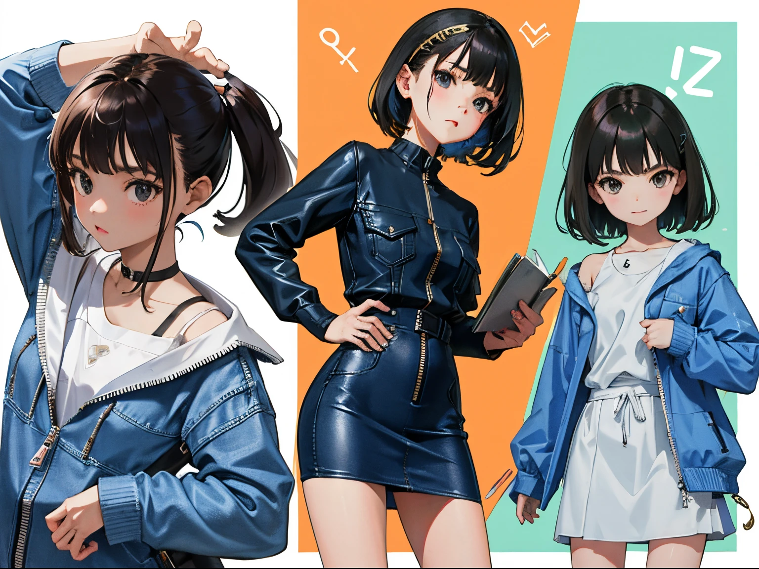 (),(masterpiece,Highest Quality),(denim zip up dress:1.4),pencil skirts,shortsleeves,A dark-haired