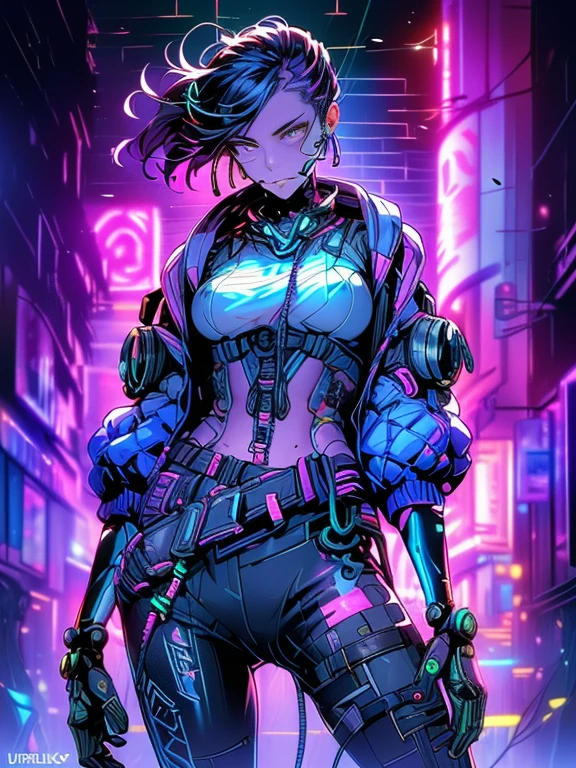 ((Masterpiece stunning Anime illustration)), ((beautiful cybernetic Cyberpunk girl)), ((highly detailed face)), ((fringe and bangs hairstyle)),, (((mechanical limb, mechanical vertebrae))), ((mechanical cervical attaching to neck)), (wires and cables attaching to neck:1.2), ((mass of wires and cables on head)), ((wearing colorful Harajuku tech jacket with logo)), (dynamic pose), ((cowboy shot)), (masterpiece), (((best quality))), ((ultra-detailed)), (highly detailed illustration), cinematic lighting, science fiction, extremely detailed,colorful,highest detail, (((cyberpunk city background, (Blade Runner), Harajuku district))), (NSFW)
