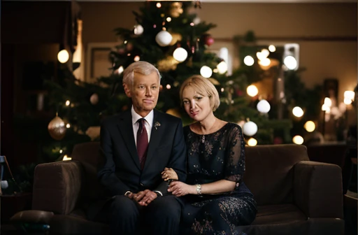 An elderly thin man and an elderly woman are sitting next to each other on a sofa in a room..., Man in business suit, woman in dress, woman has short blond hair, New Year in the room, Christmas, detailed photo