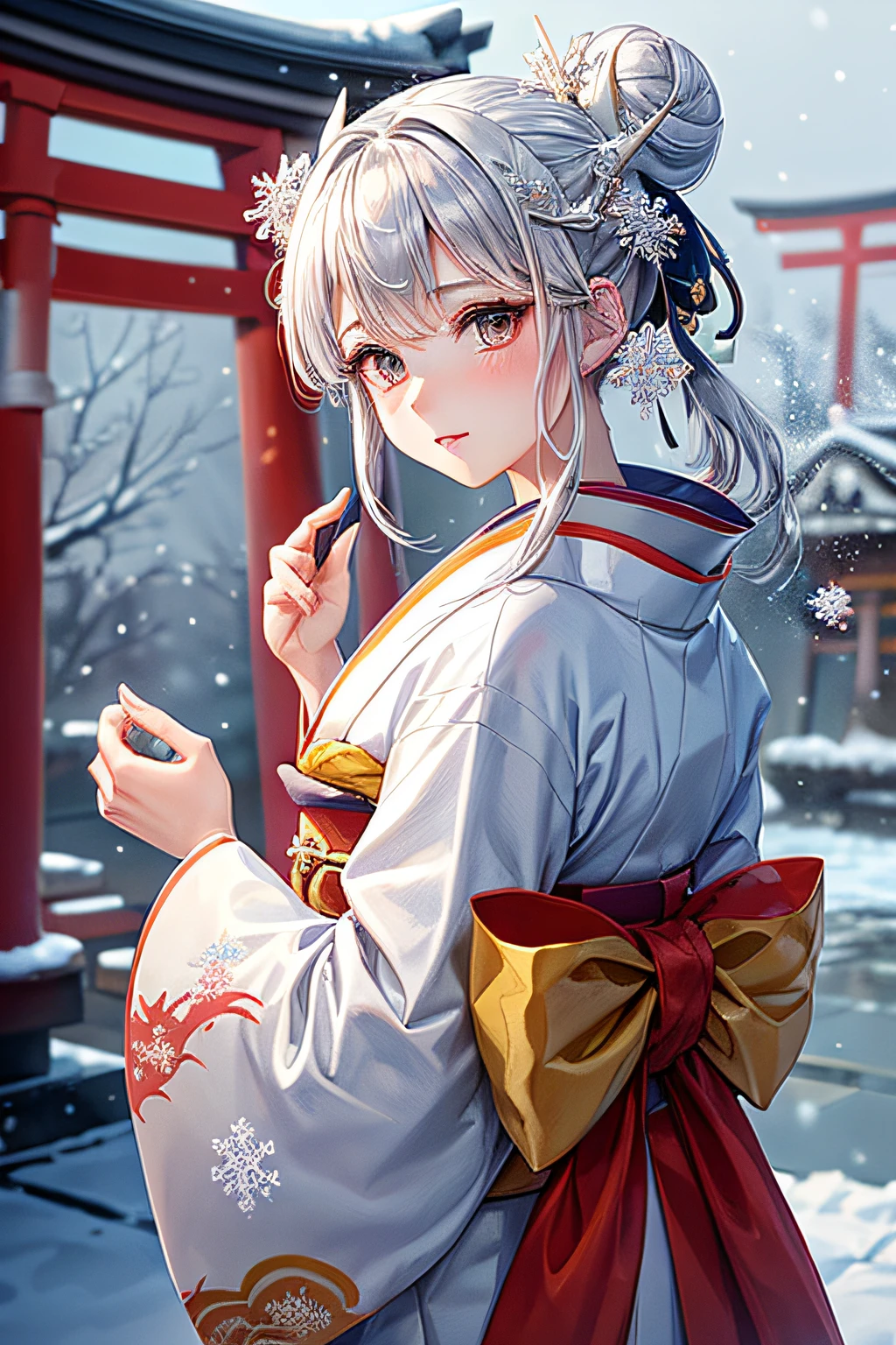 ((worst quality, low-quality)), ((girl with)), Solo, (a closeup), (facefocus,:1.4), ((half updo, Silver hair)), clear eyes and plump, Glossy lips, Gold eyes):1.2), Spoken Heart, (perfect hand:1.3), (traditional Japanese clothing:1.2), (wearing a kimono with a dragon pattern, Dragon embroidery, Dragon pattern:1.3), embarrassed, Standing, Looking at Viewer, Head tilt,  (Snowflake, Falling snow:1.4), (( Japanese torii gate background)), high-angle shot, masutepiece, Best Quality, ultra-detailliert,