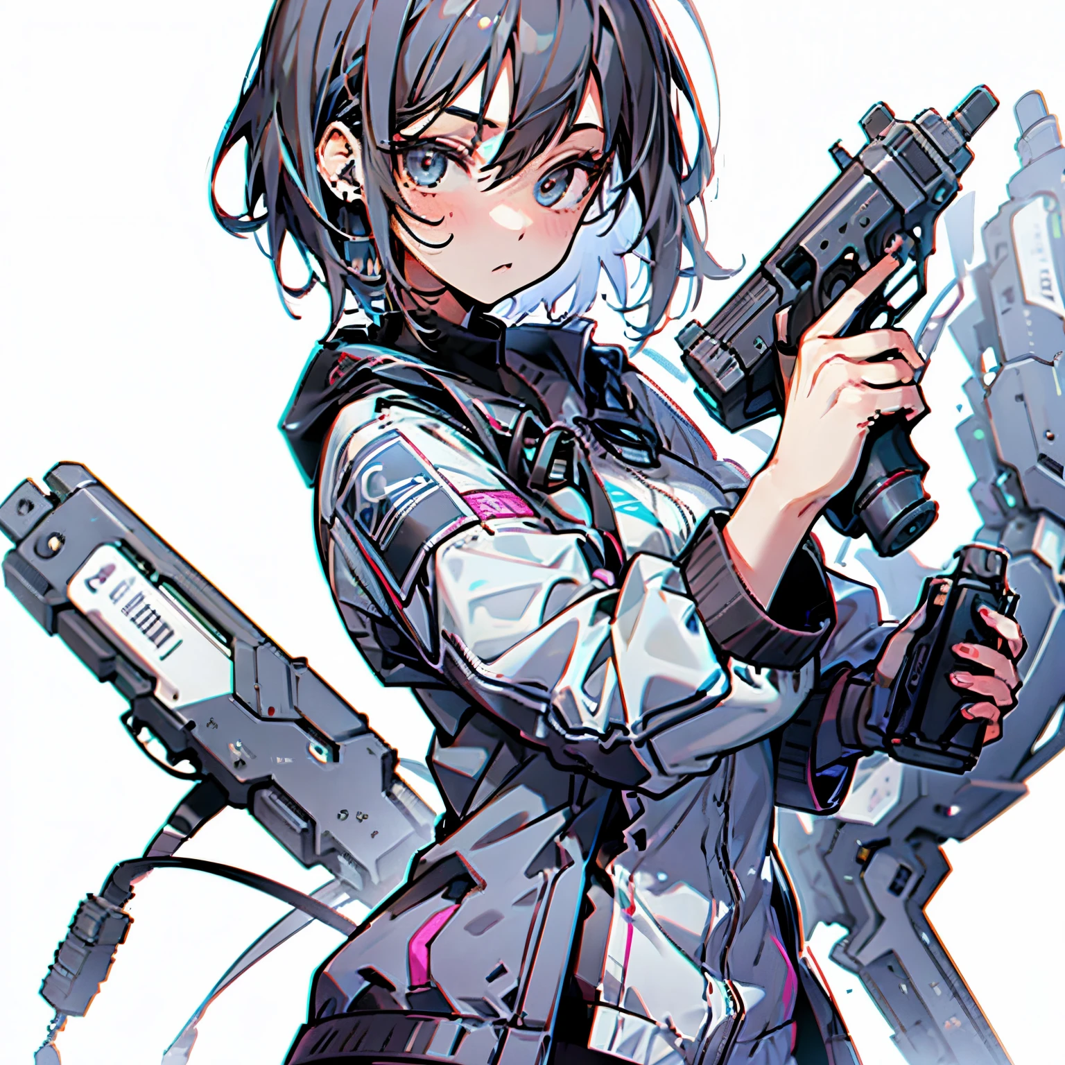 (masutepiece:1.2, Best Quality), [1 girl in, expressioness, Turquoise eyes, jet-black hair,half short hair, White jacket, Jacket is taken off, Black inner,Model Posing, Upper body] (Gray white background:1.7),gun,pistol