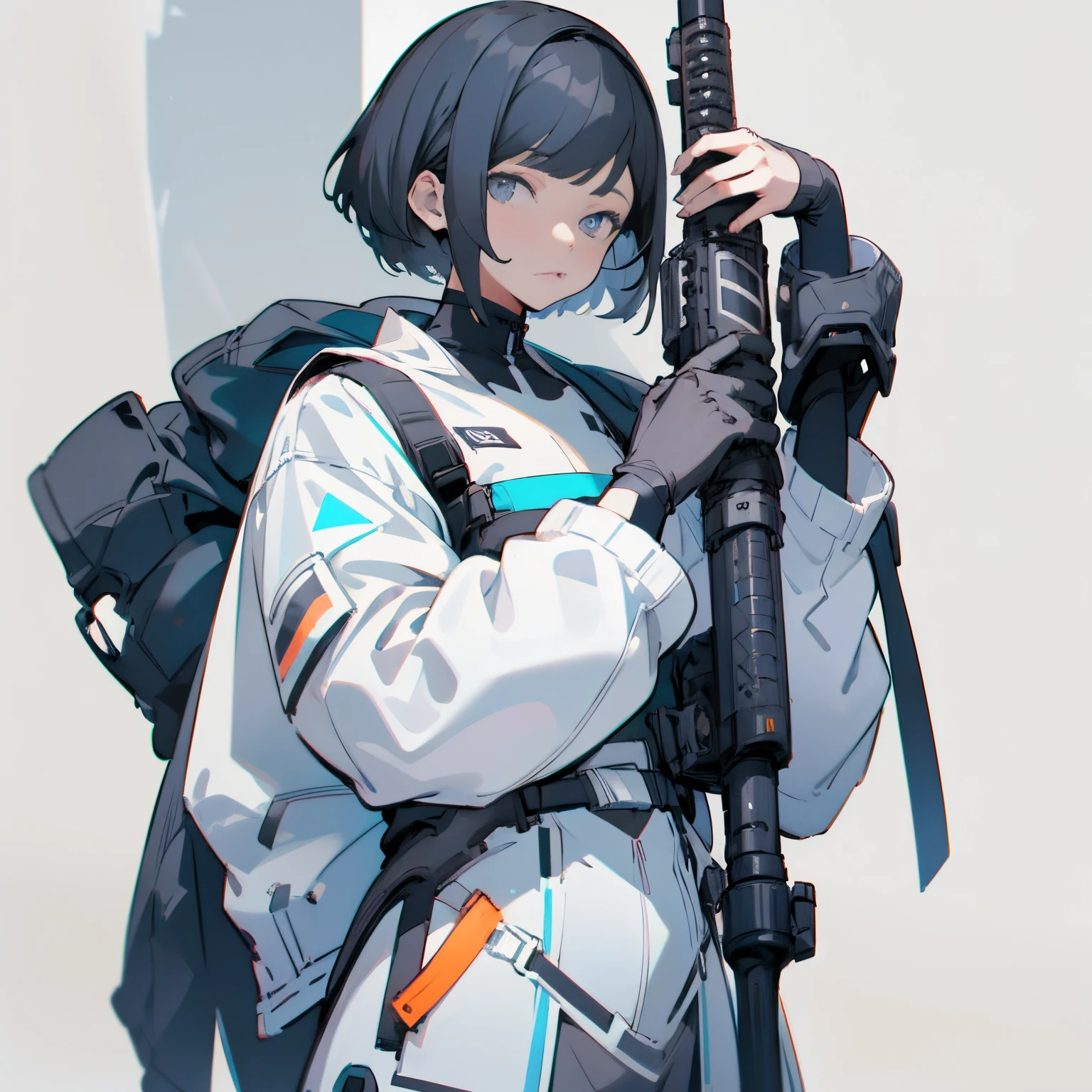 (masutepiece:1.2, Best Quality), [1 girl in, expressioness, Turquoise eyes, jet-black hair,half short cut hair, White Jacket, jacket comes off, black inner,model posing, Upper body] (Gray white background:1.7),hold rifle,