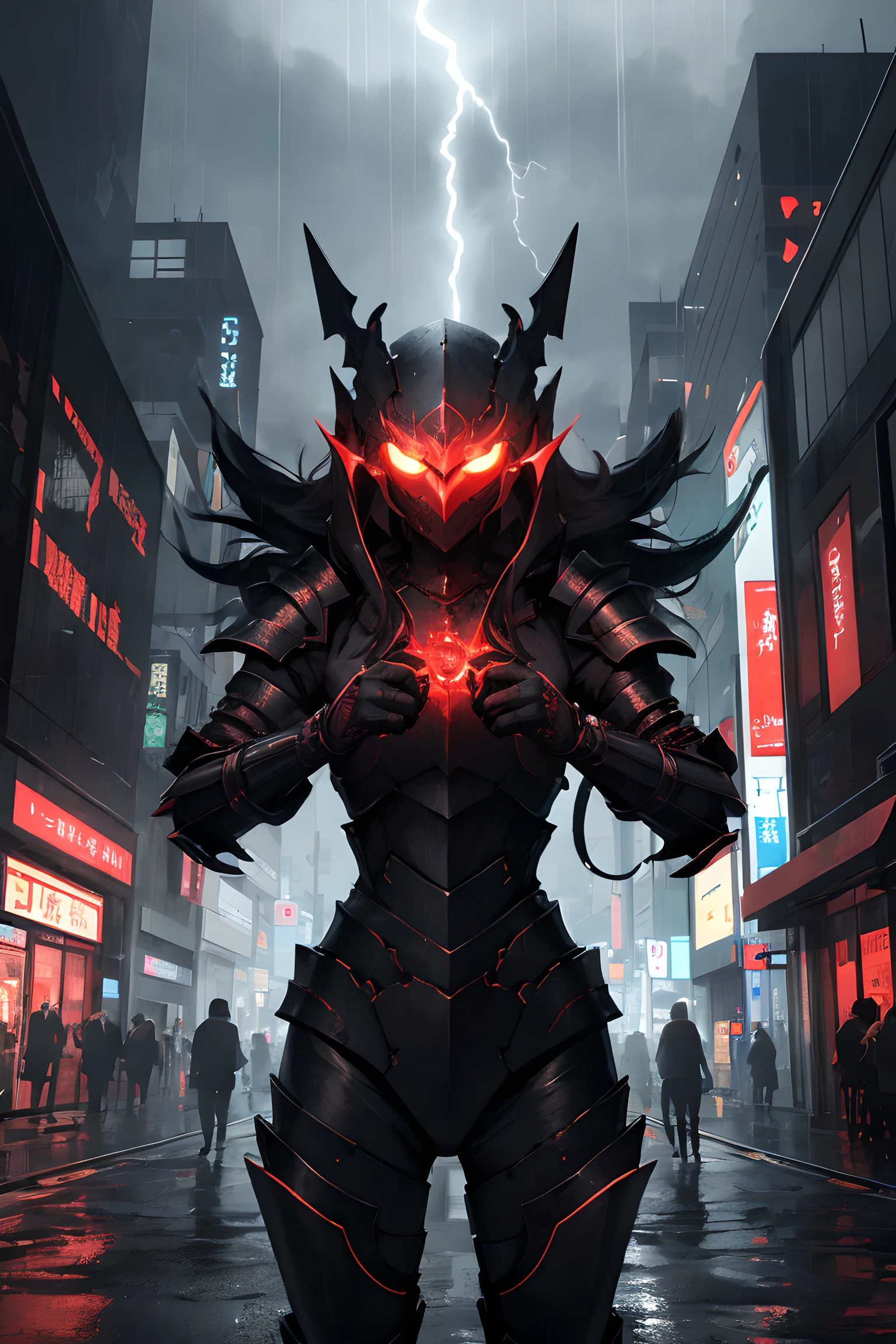 1 japanese girl, battle armor, Intricate patterns, heavy metal, Energy lines, faceless, glowing light eyes, Elegant, drastic, blood red and black, Alone, modern, 城市, the street, dark stormy clouds, thunderstorm, heavy rain poured,, dramatic lights,, (tmasterpiece:1.2), Best quality, A high resolution,   Beautifully meticulous, very detailed nipples, perfect litthing,