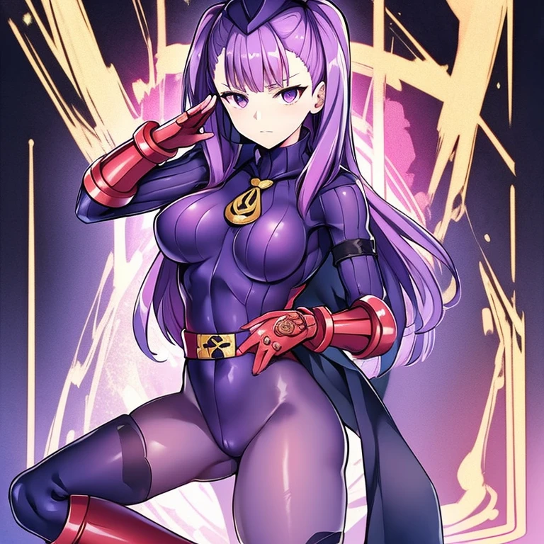 Masterpiece, Best Quality, Highly detailed, illustration, absurdres, street fighter, fate grand order, helena blavatsky, purple eyes, doll suit, shadaloo doll, nazi salute, military, military salute, purple-hair, 1 girl, solo, expressionless, emotionless eyes, looking at viewer, red gloves, emotionless, black latex, corrution,, zofa suit, zofa soldier, mind control