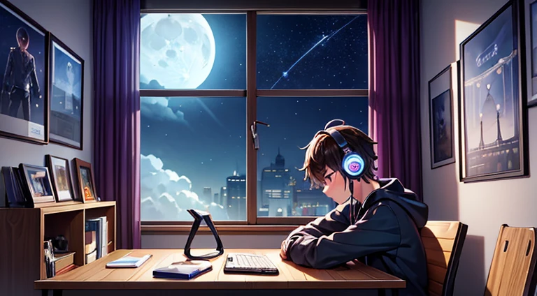 (masterpiece) a boy (male) studying sitting in his room, over his desk, with headphones on, nerd decoration, video game on the wall, posters, window showing the moon and stars, calm, peacefull, thinking, Cinematic, Color grading, beautifully color-coded,