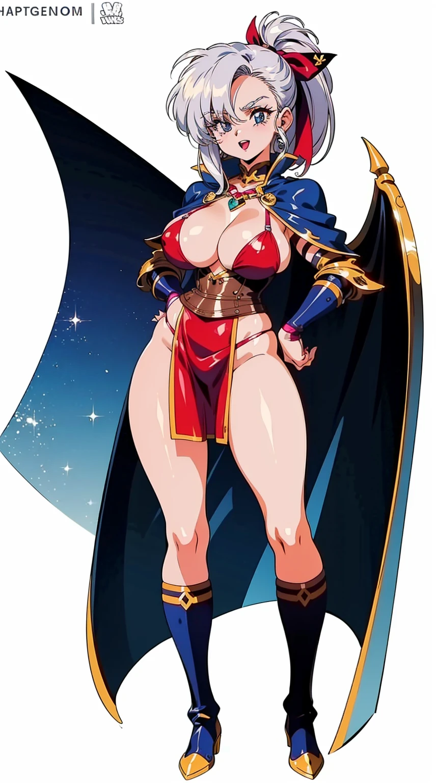 "(masterpiece:1.1), best quality, 
1girl, (80s anime style:1.3), (eyelashes:1.5), (:1.2), 
(intricate high detailed body:1.2), 
(silver hair:1.1), (hair over one eye:1.1), (ponytail:1.1), (hair ribbon:1.2), 
red eyes, (lip stick:1.3), (thick eyebrows:1.1), 
(gigantic breasts:1.1), 
(happy, smile:1.2), open mouth, 
(string bikini armor, corset:1.2), (mini skirt:1.2), 
(knight armor, armored boots, capelet:1.2), (jewelry:1.1), gauntlets, 
standing, crossed arms, 
(dynamic pose:1.1), (full body, looking at viewer, from front:1.1),
(simple white background:1.2)"