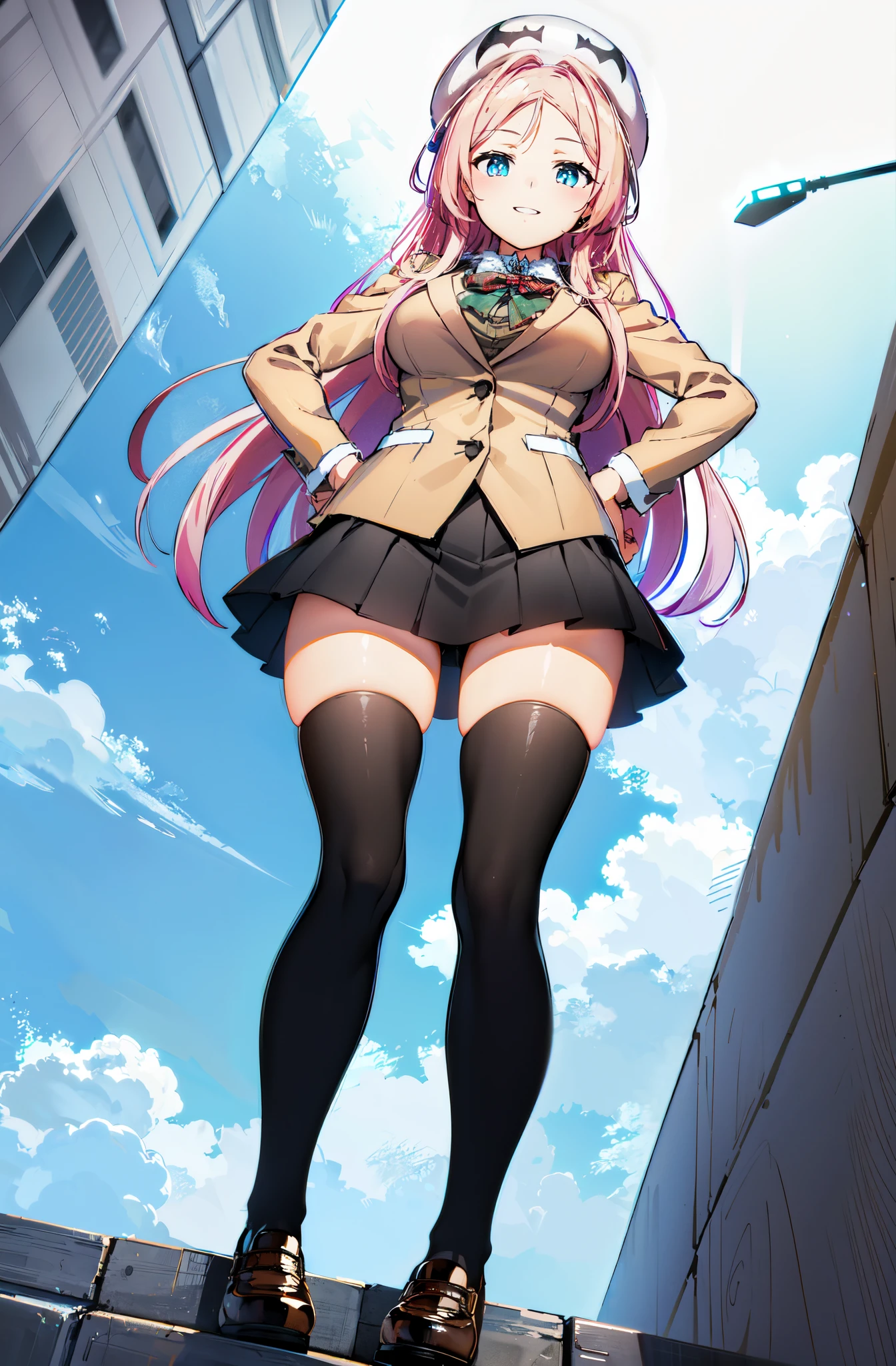 drakoi, 1girl, thighhighs, long hair, pink hair, school uniform, smile, hat, skirt, black thighhighs, large breasts, hand on hip, blazer, bow, fullbody, standing