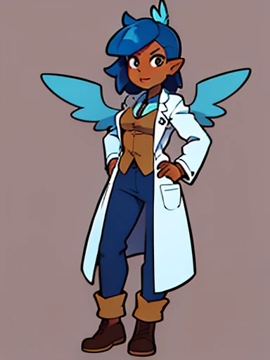 full body, Doctor Feathers (young female, light brown skin, blue hair, wings, lab coat, dark pants), with solid background